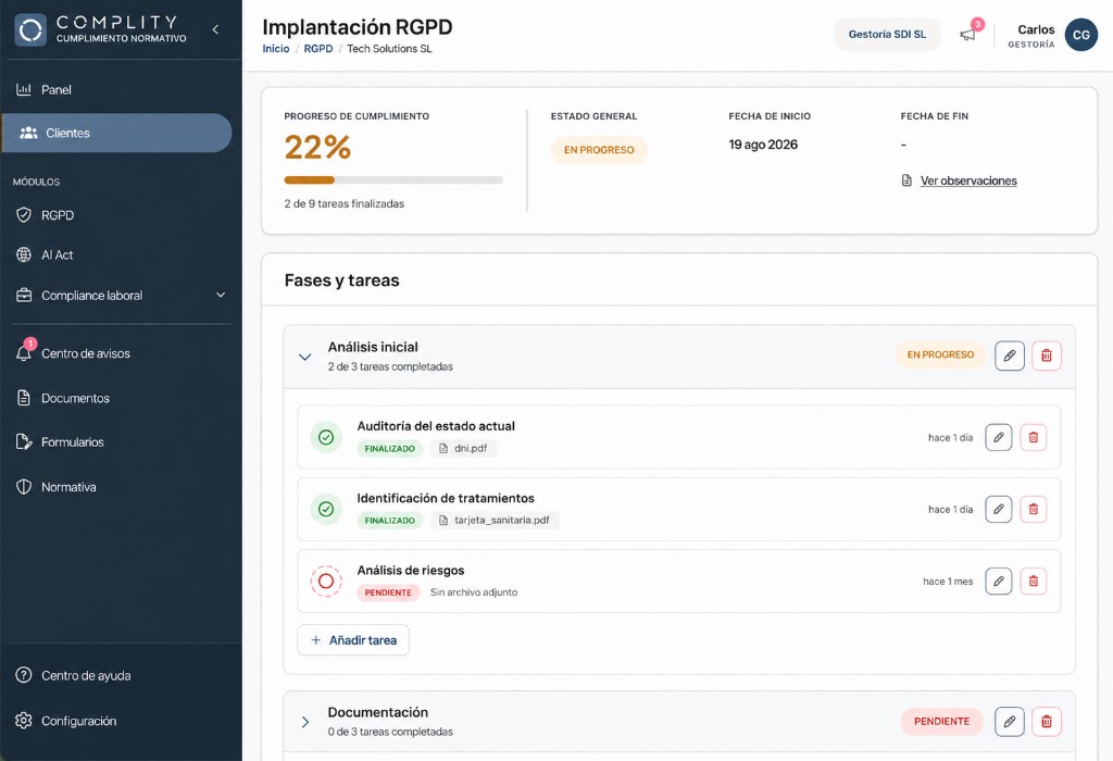 Captura de COMPLITY: implantación RGPD con fases, tareas y progreso de cumplimiento